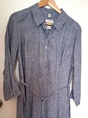 German Designer 100% Linen Button Down Mini Striped Shirtdress Blue/White